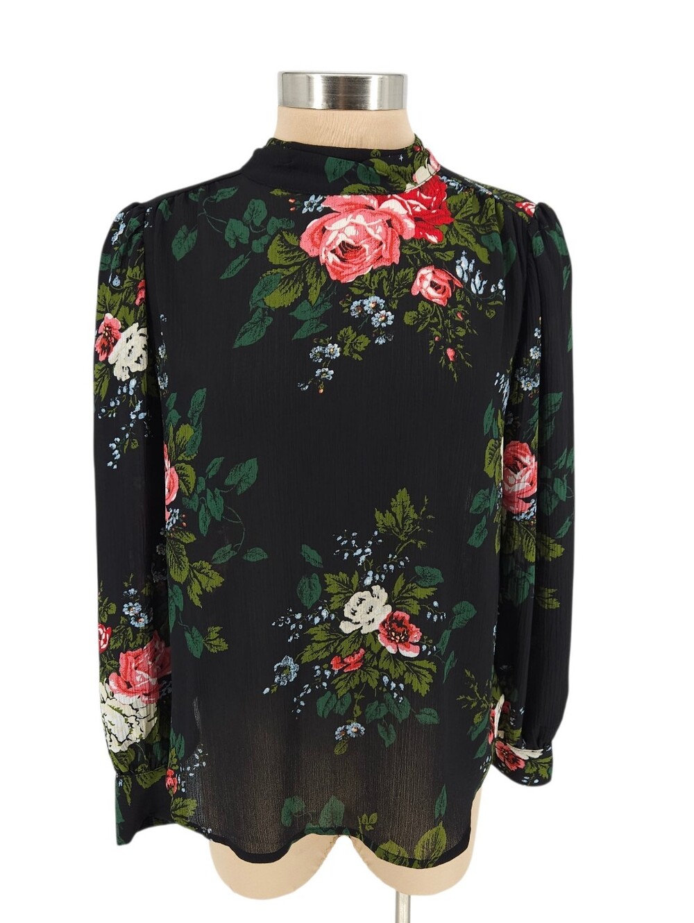 Ann Taylor LOFT Blouse Black Floral Long Sleeve High Neck Tie Back Small